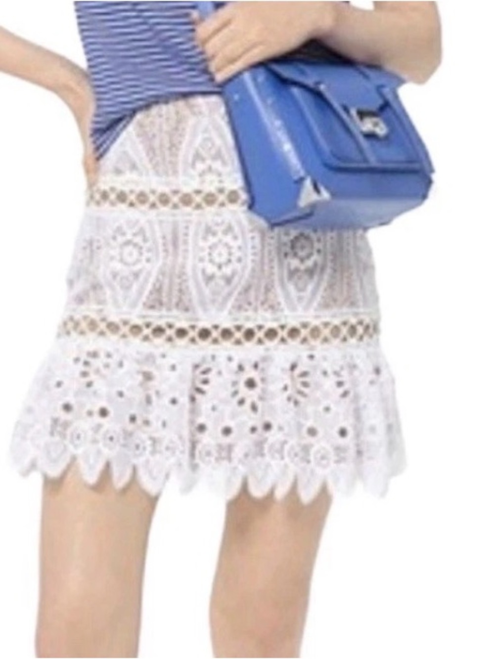 Michael Kors Guipure Crochet Skirt White Lace Tan Lining Side Zip Sz 4 NWT